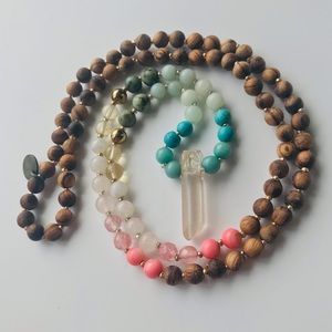 Naturalistic wood and crystal-beaded necklace! w/ethereal quartz pendant. 🔮